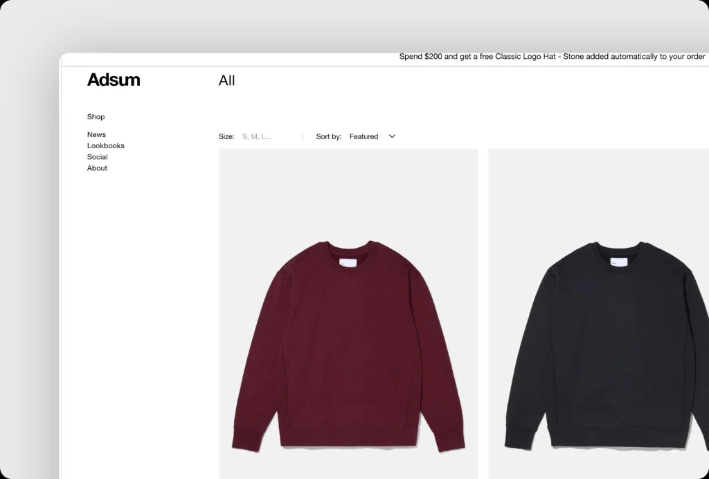 Adsum collection page with size filter showing in-stock sizes