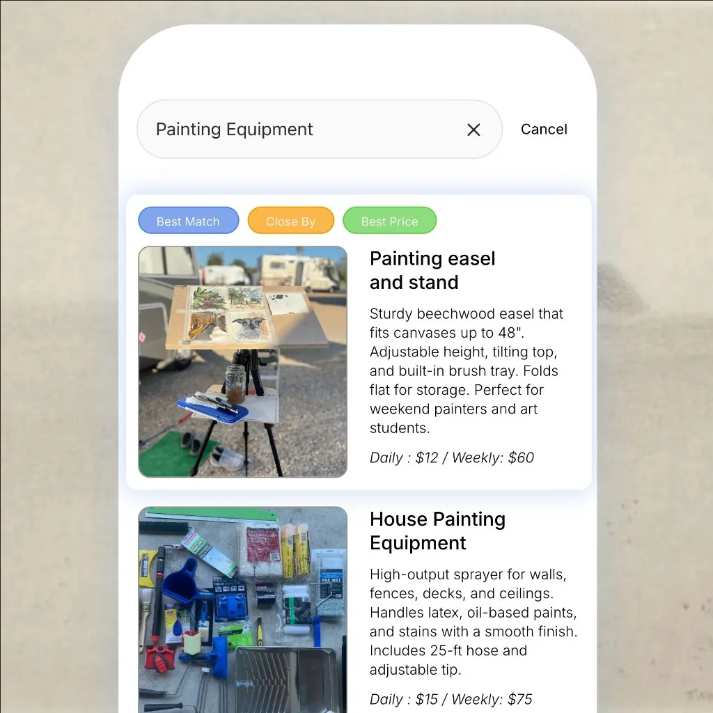 Rented browse results for painting equipment with a Best Match section and Close By and Best Price filters above the catalog