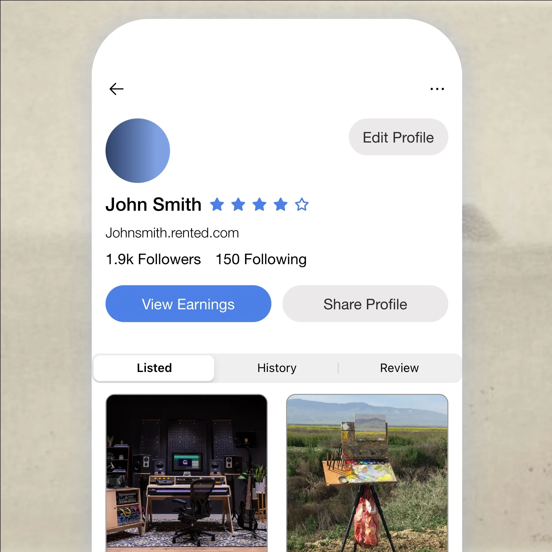 Rented profile screen showing avatar, rating, follower counts, View Earnings and Share Profile actions, and Listed History Review tabs above a listing grid