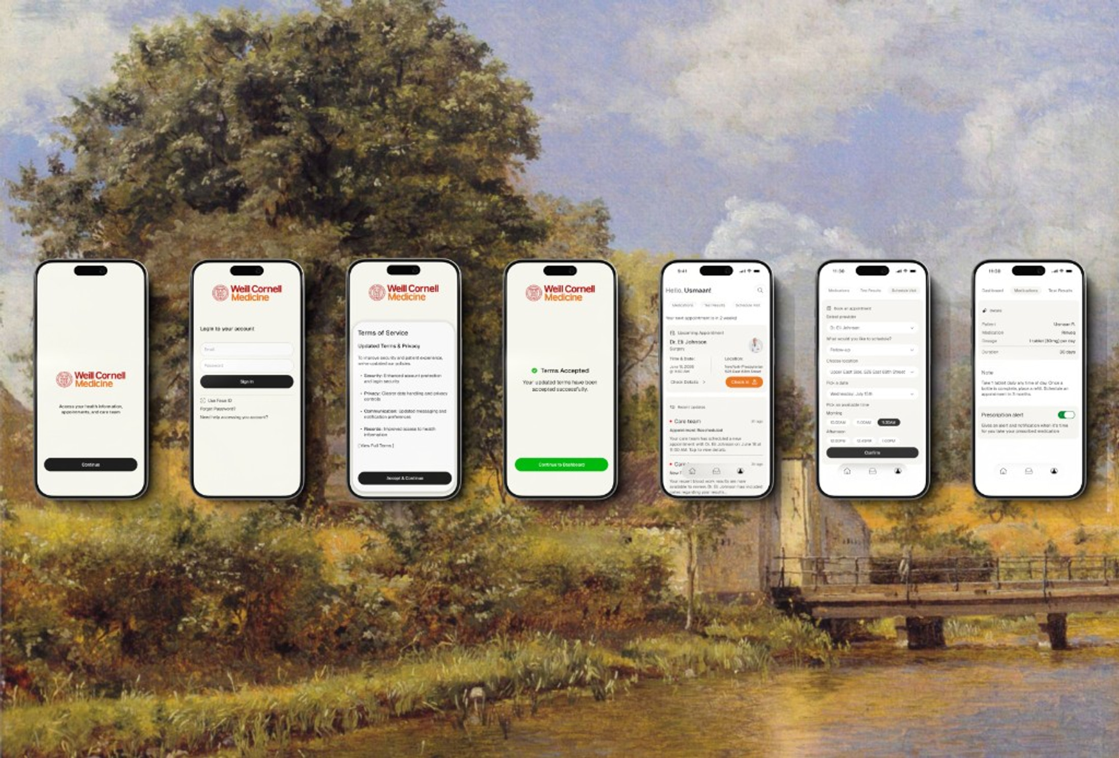 WCM Connect app flow showing login, terms acceptance, dashboard, appointment booking, and medication details