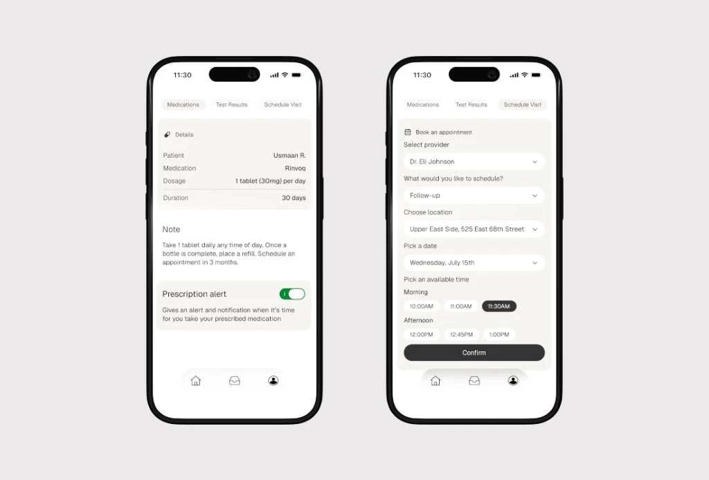 WCM Connect medication details and appointment scheduling screens
