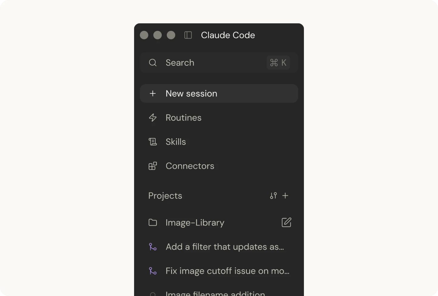 Claude Code sidebar redesign showing search, new session, routines, skills, connectors, and project sessions